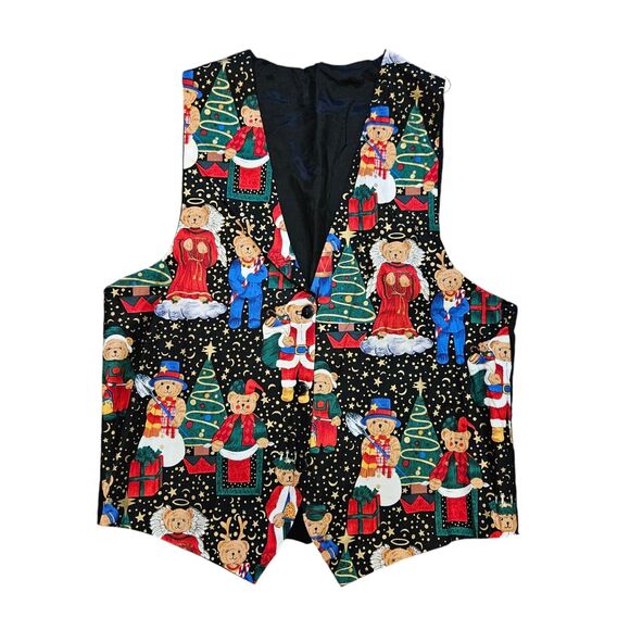 Vtg Christmas Teddy Bear Vest Womens M Waistcoat Cottagecore Artsy Holiday 90s - Picture 1 of 7
